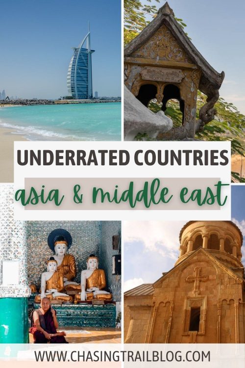 A photo collage including a hotel in Dubai and the ocean, a pagoda in Laos, a mosque in Armenia, a Tibetan monk and sculptures in Myanmar, and the words "Underrated countries Asia & Middle East"