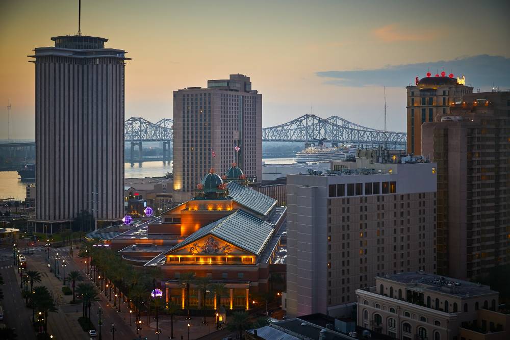 The view of the New Orleans skyline and Mississippi River from inside a guestroom at New Orleans Marriott