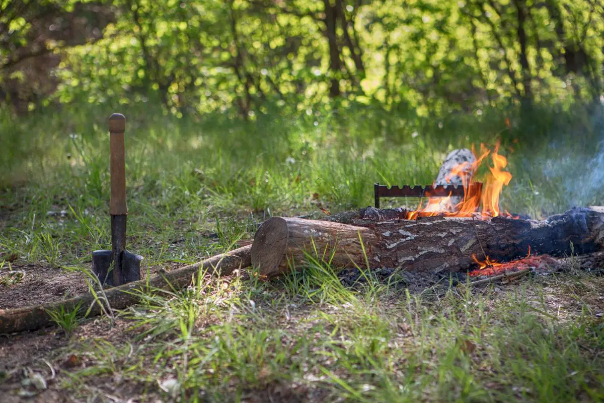 A campfire with spare logs and a shovel in the ground nearby, all camping must haves