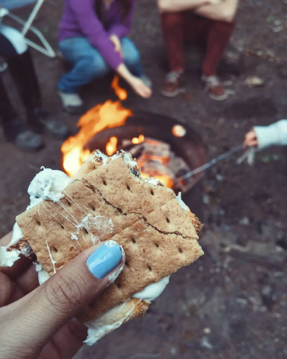 A hand holding a s'more and covered in sticky marshmallow, with a campfire and other campers in the background