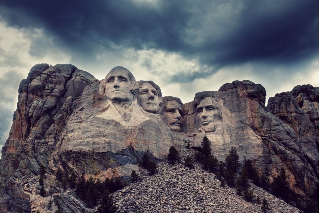 Mount Rushmore, one of the most famous South Dakota landmarks, on a cloudy day