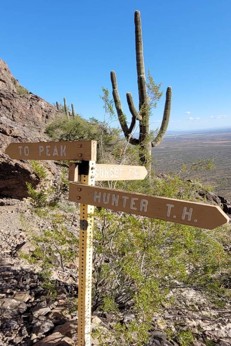 A trail sign along the Hunter Trail at Picacho Peak, a major Arizona bucket list hike