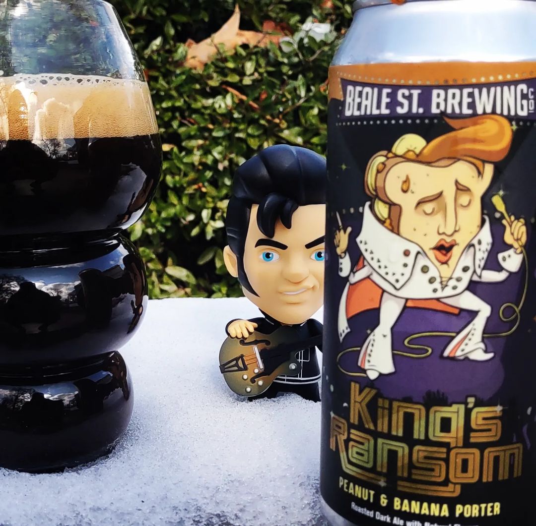 A glass of dark beer, an Elvis figurine, and a can of King's Ransom porter beer from Beale St. Brewing, one of the best breweries in Memphis