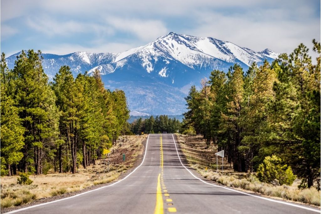 A road leading up to snow-capped Mount Humphreys in Flagstaff, Arizona
