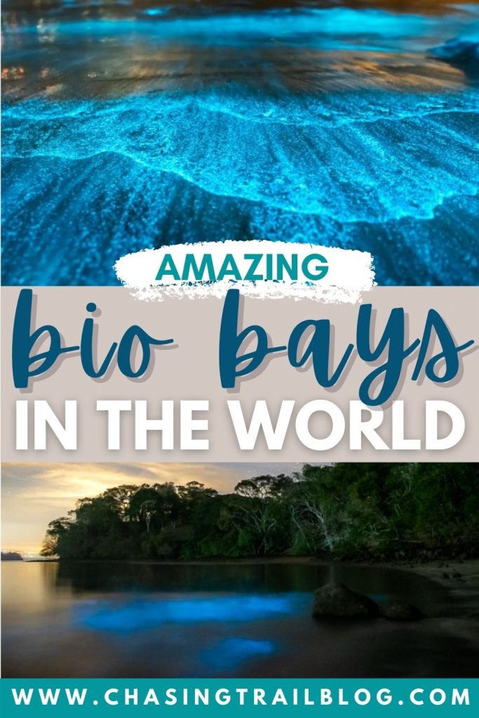 Top: Bioluminescent waves lapping on shore; bottom: Punta Cuchillas bioluminescent bay in Costa Rica at night; words "Amazing bio bays in the world" and "www.chasingtrailblog.com"