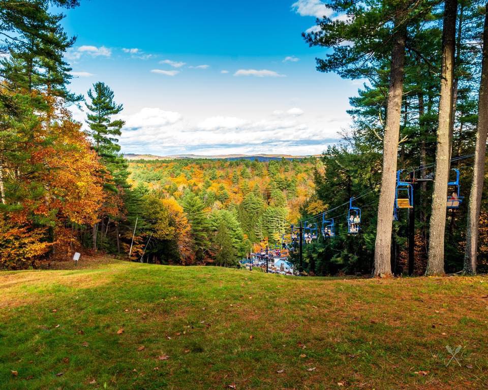 Looking out across a green campsite at Lost Valley Ski Area in Maine, a Harvest Hosts review site