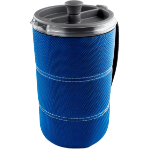 A blue GSI Outdoors JavaPress, 30 ounces, one of the best camp French press models available