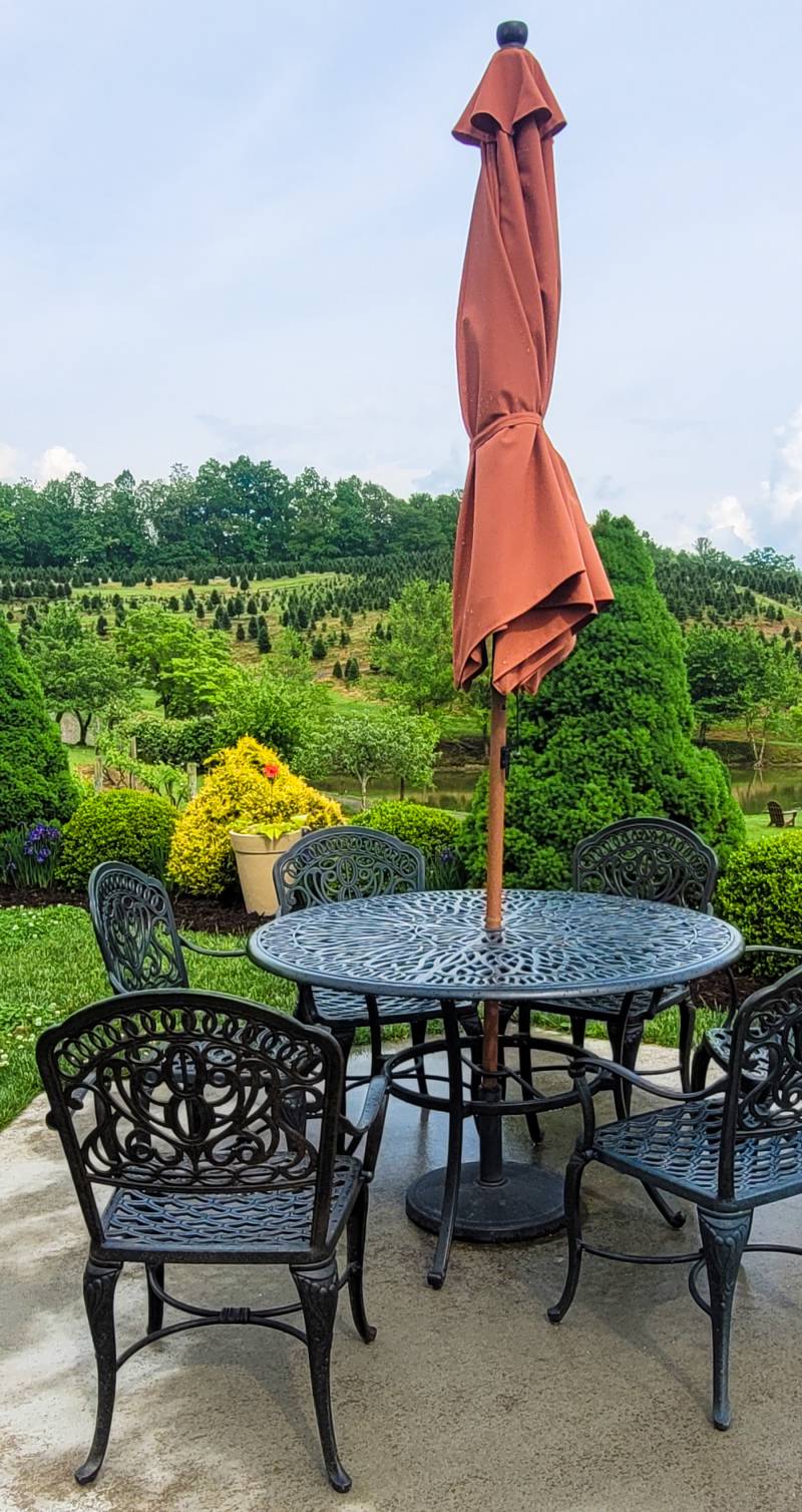 A table and chairs on the terrace overlooking fields with Christmas trees at Linville Falls Winery, one of the most popular wineries near Boone NC