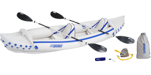 A white Sea Eagle 330 kayak with accessories, one of the best inflatable tandem kayaks available