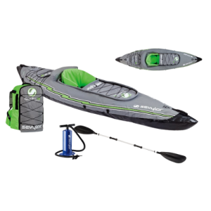 The gray and green Sevylor Quikpak 5, one of the best single inflatable kayaks, plus several accessories