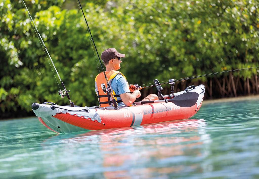 A man fishing from an Intext Excursion pro, one of the best inflatable kayaks for fishing