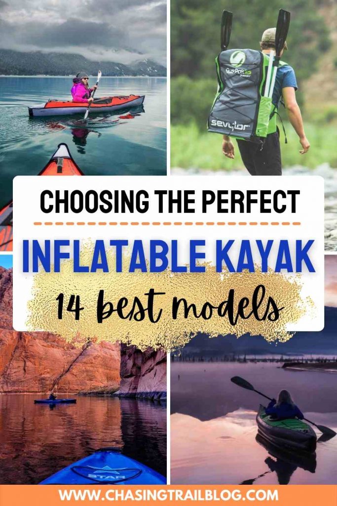 A Pinterest image with four collage images of various inflatable kayaks, plus the words 
