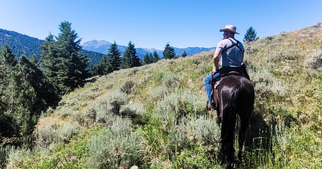 A man riding a horse in the backcountry near the Yellowstone north entrance, one of the best things to do in Gardiner MT