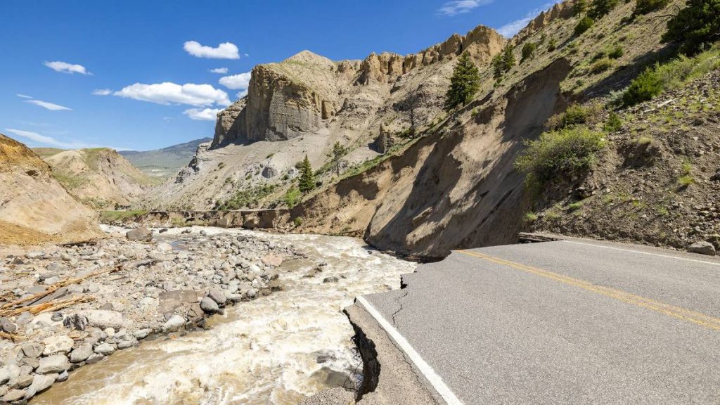 An area of washout on a road near the Yellowstone north entrance
