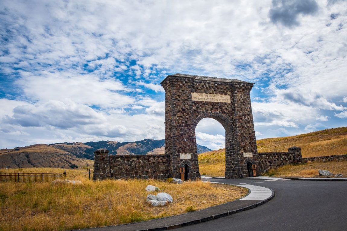 The Roosevelt Arch at the Yellowstone North Entrance on a cloudy day