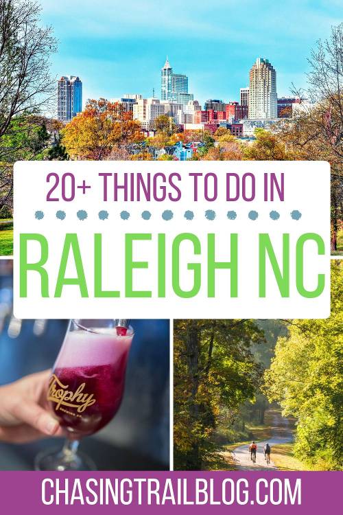 A pinterest image collage with the Raleigh skyline, a purple beer from one of the breweries in Raleigh, and people biking in a park, as well as the words 