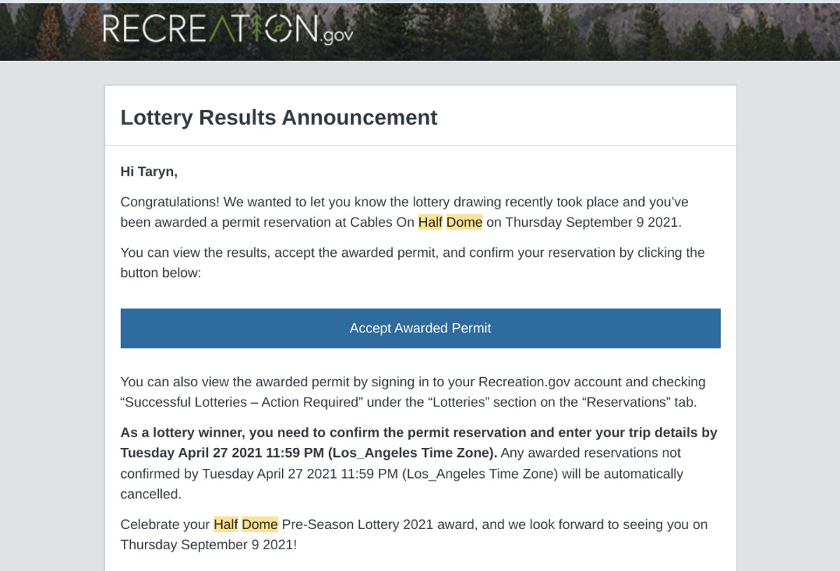 view of email showing lottery and permit winner for half dome