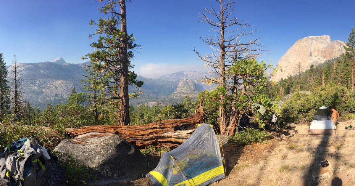 Tents set up in a wilderness campground in Yosemite on the Half Dome hike route