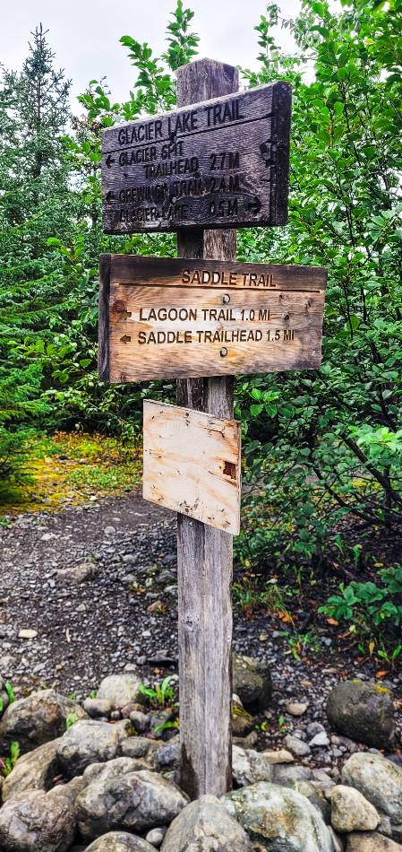Trail intersection signs on the Grewingk Glacier Trail in Kachemak Bay State Park