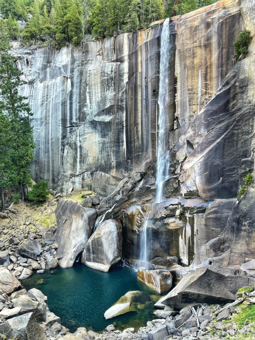 view of water cascading down Vernal fall on the Half Dome hike