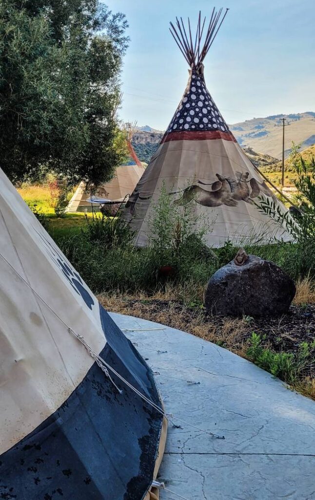 view of tipi with the mountian landscape in the background at a yellowstone glamping property