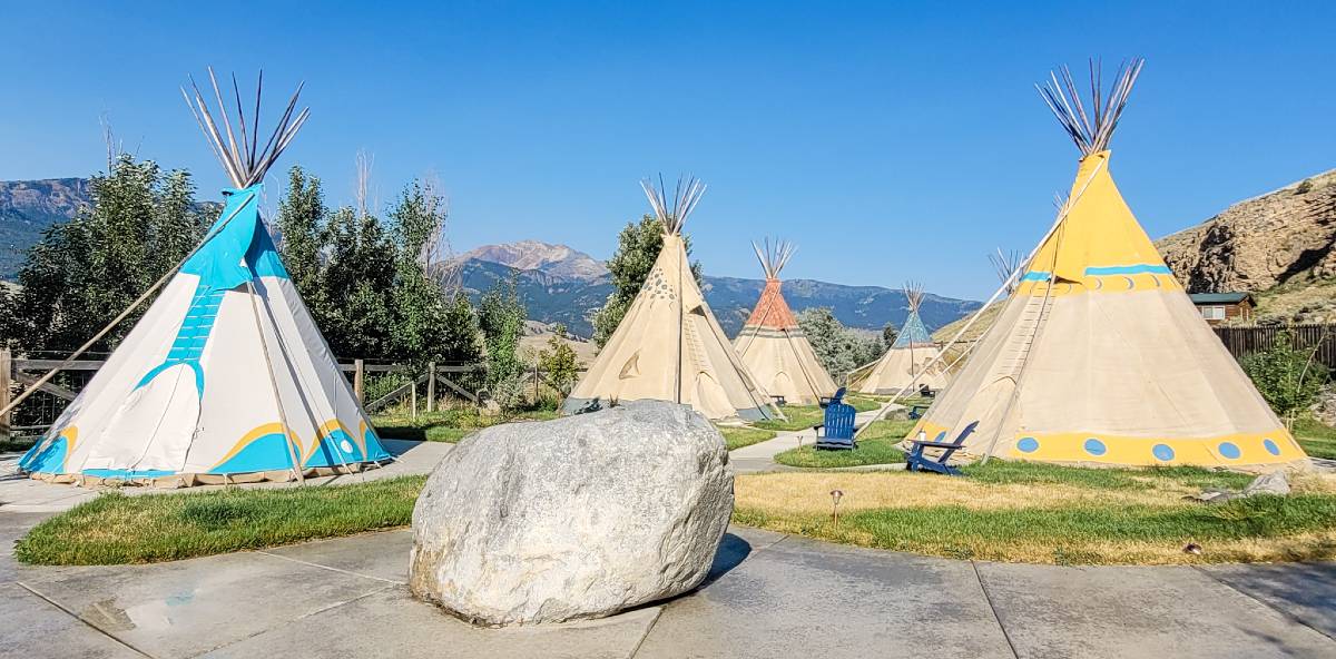 view of the grounds and tipis at yellowstone glamping property