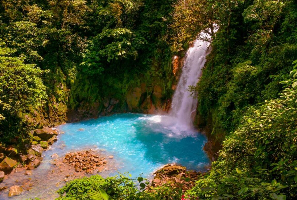 A bright blue pool in the rainforest with one of the prettiest waterfalls in Costa Rica flowing into it
