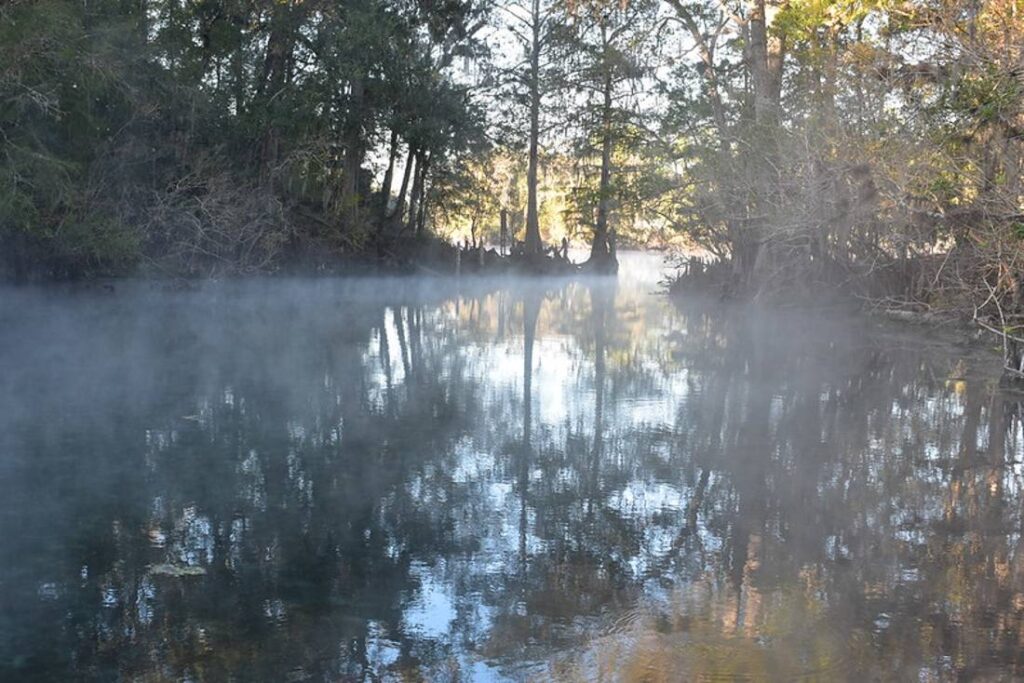 Morning mist rising off the water at Fanning Springs State Park, a great location to kayak with manatees in Florida