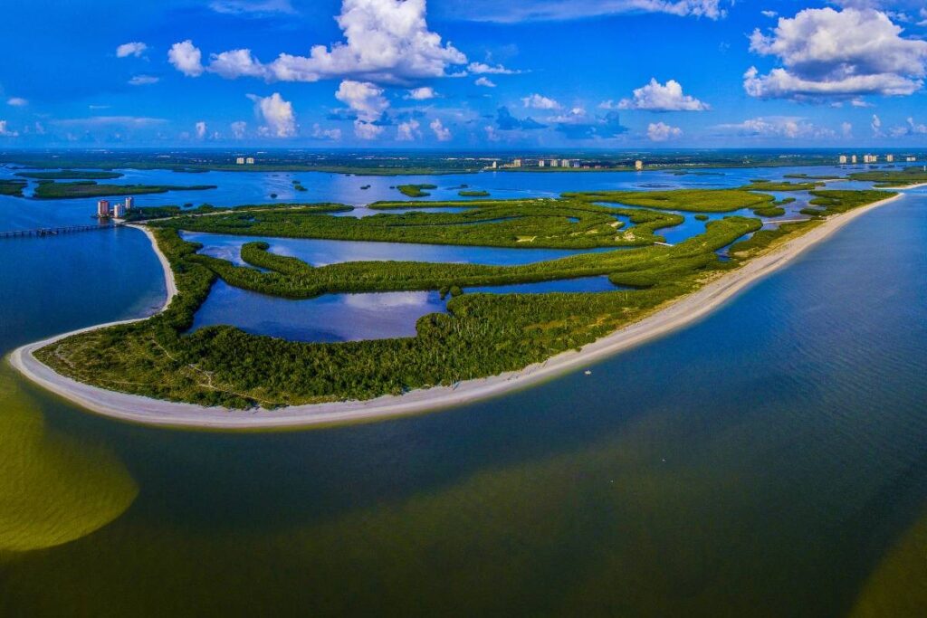 aerial view of coastline and lagoons at lovers key island while kayaking with manatees in florida 