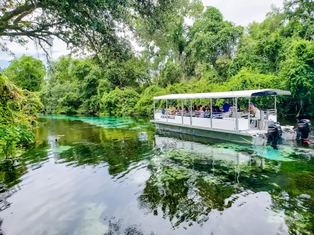 A boat full of people on a tour in Weeki Wachee Springs State Park, one of the best places for where to see manatees in Florida