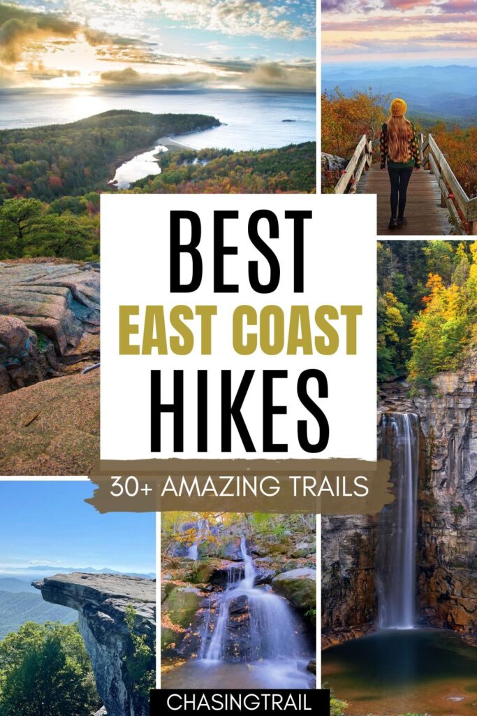 A Pinterest image depicting five East Coast hikes in a collage format