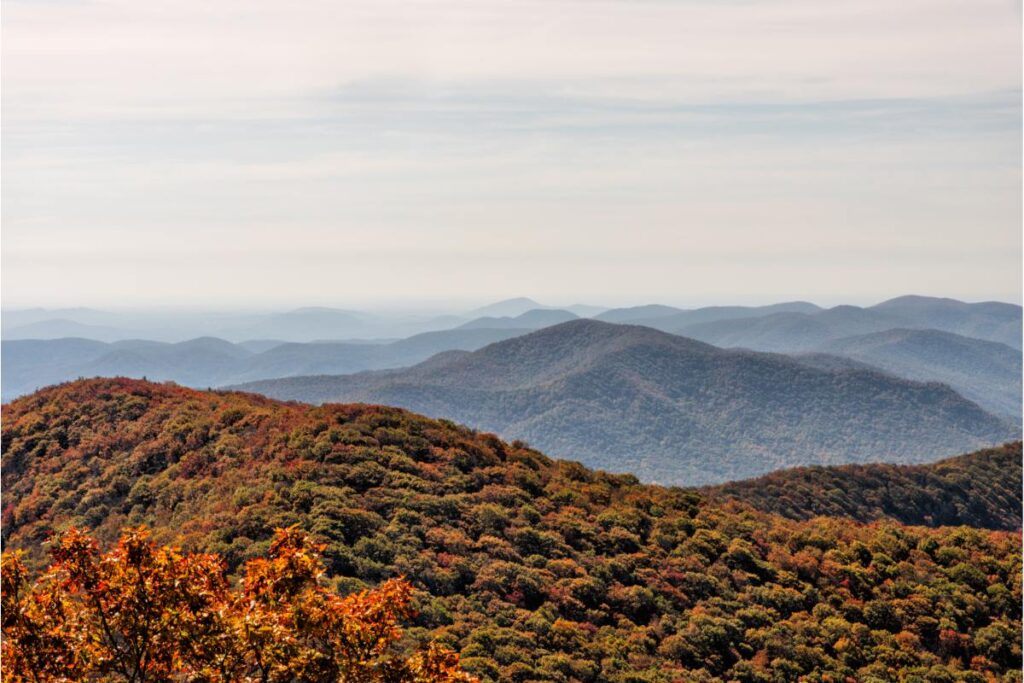 Looking out over the Blue Ridge Mountains from the summit of Brasstown Bald, a popular East Coast hiking trail