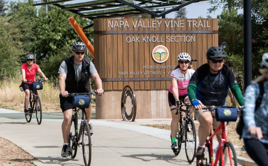 Cyclists enjoying one of the best things to do in Napa besides wine, on the Vine Trail