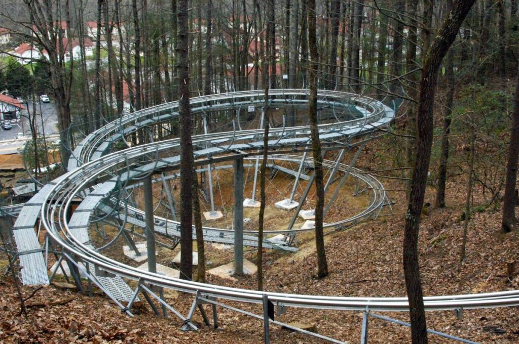Looking down at the twists and turns of the Georgia Mountain Coaster in Helen