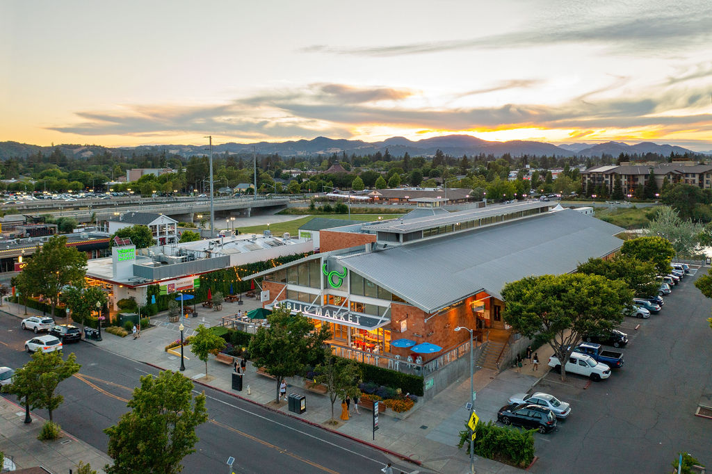 A drone shot of the famous Oxbow Public Market in Napa