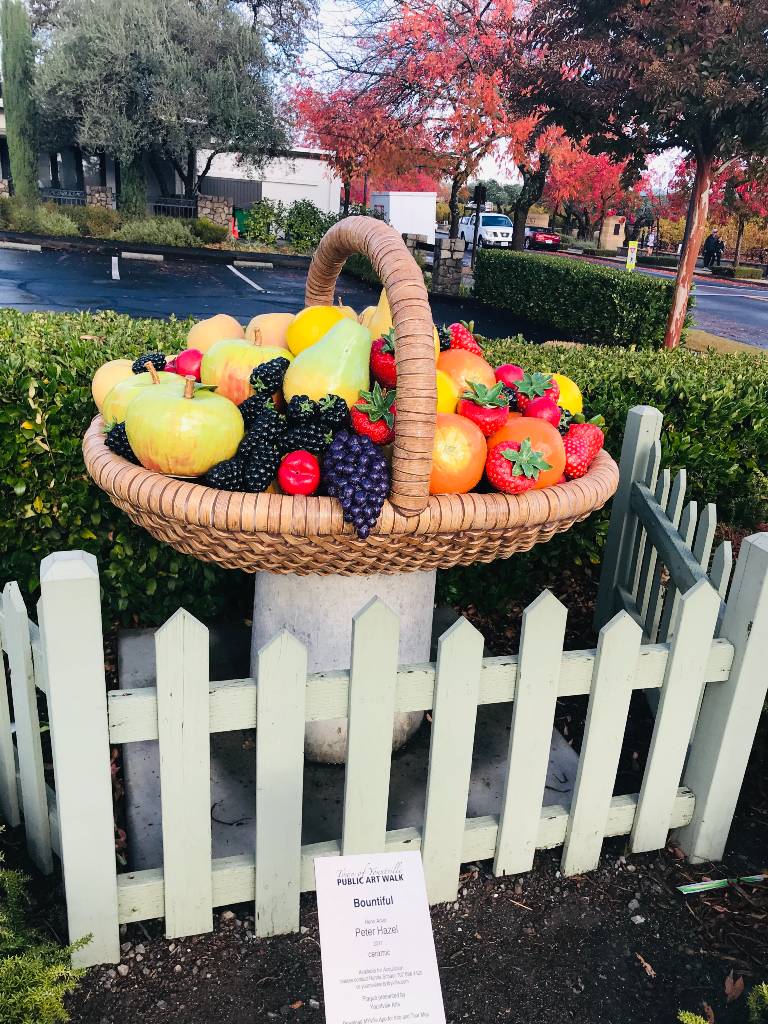 A fruit basket art installation along the Yountville Art Walk