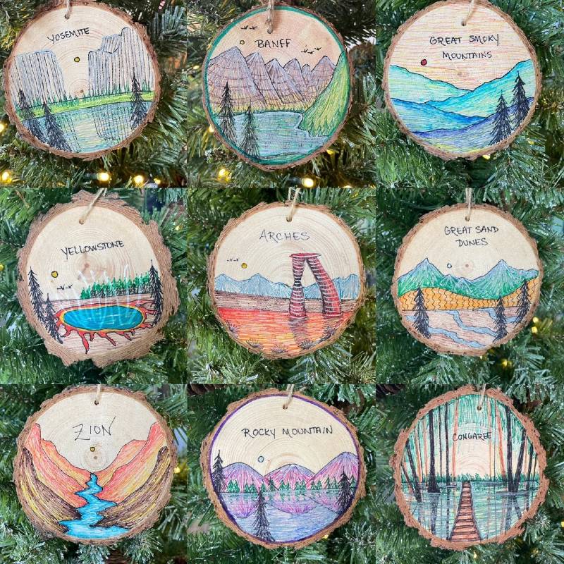 Nine hand-drawn national park ornaments laid out in three rows of three in front of a Christmas tree