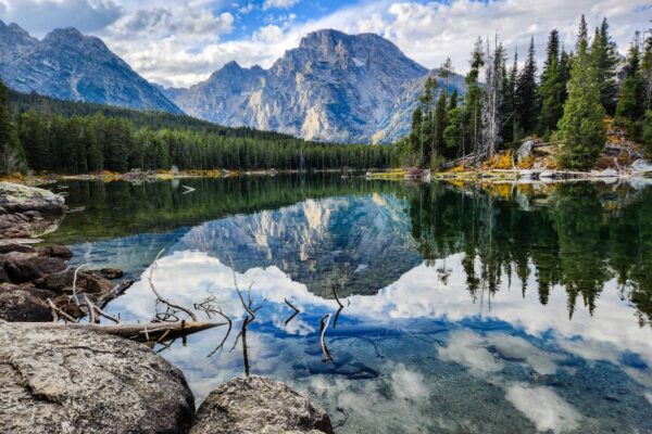 Mountains reflecting in Leigh Lake in Grand Teton National Park