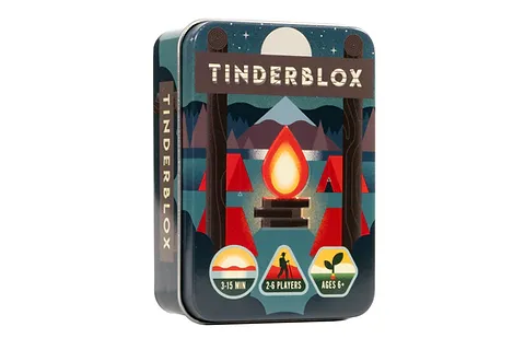 A tin containing a game called Tinderblox, one of the best campfire games and an excellent outdoorsy gift idea