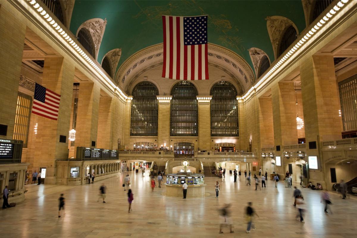 An overview of people moving around Grand Central Station's main terminal