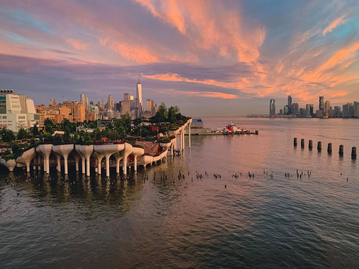 Looking out over Little Island and the river during sunset in Manhattan