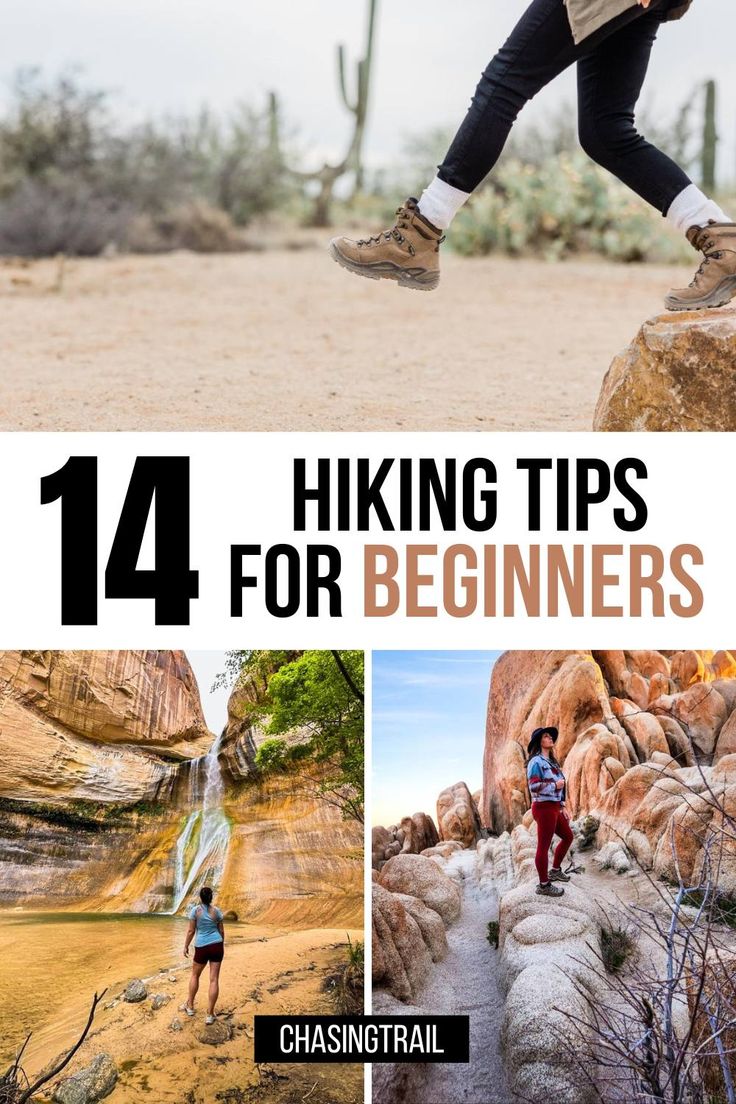 A pinnable image with three photos in a collage (clockwise from top: a woman stepping off a big rock in the desert; a woman standing in a slot canyon in Joshua Tree National Park; a woman standing in front of a Utah waterfall) and a white rectangle with black and tan letters that read "14 hiking tips for beginners"