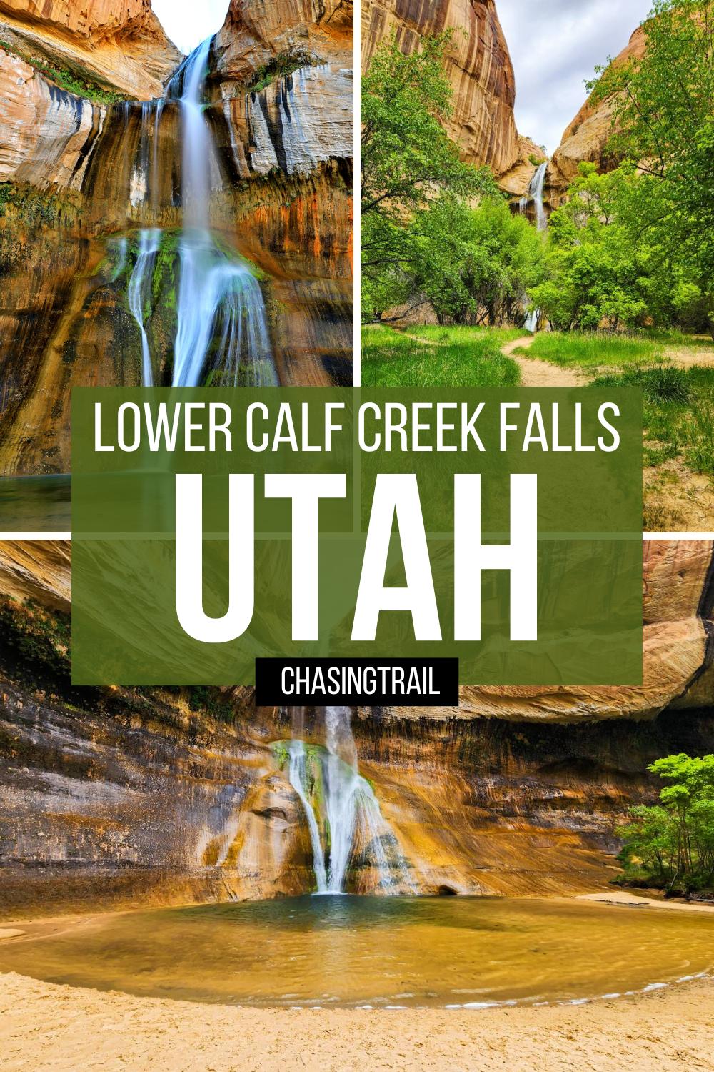 A pinnable image with three photos in a collage (clockwise from top left: Lower Calf Creek Falls close-up; the trail leading and the waterfall towering overhead; a wider view of the waterfall) and a green rectangle with white letters that read 'Lower Calf Creek Falls Utah' and 