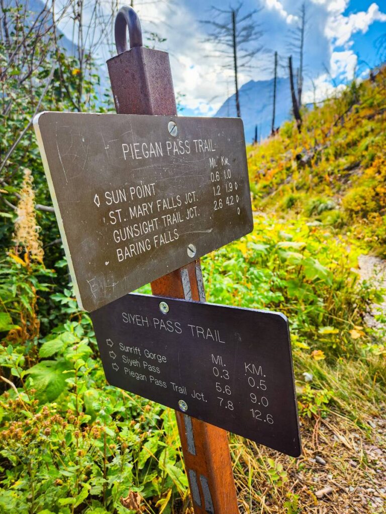A trail marker sign along the Sun Point Nature Trail in Glacier National Park