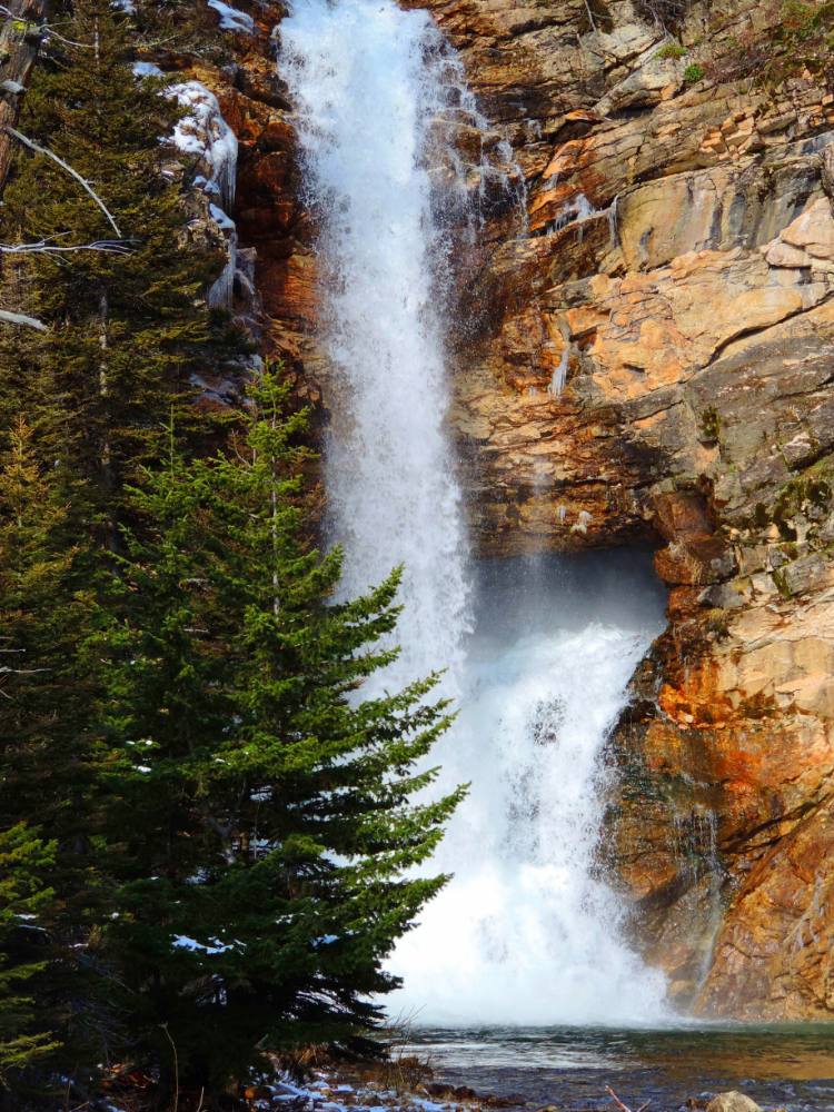A closeup view of Trick Falls with two falls during spring runoff