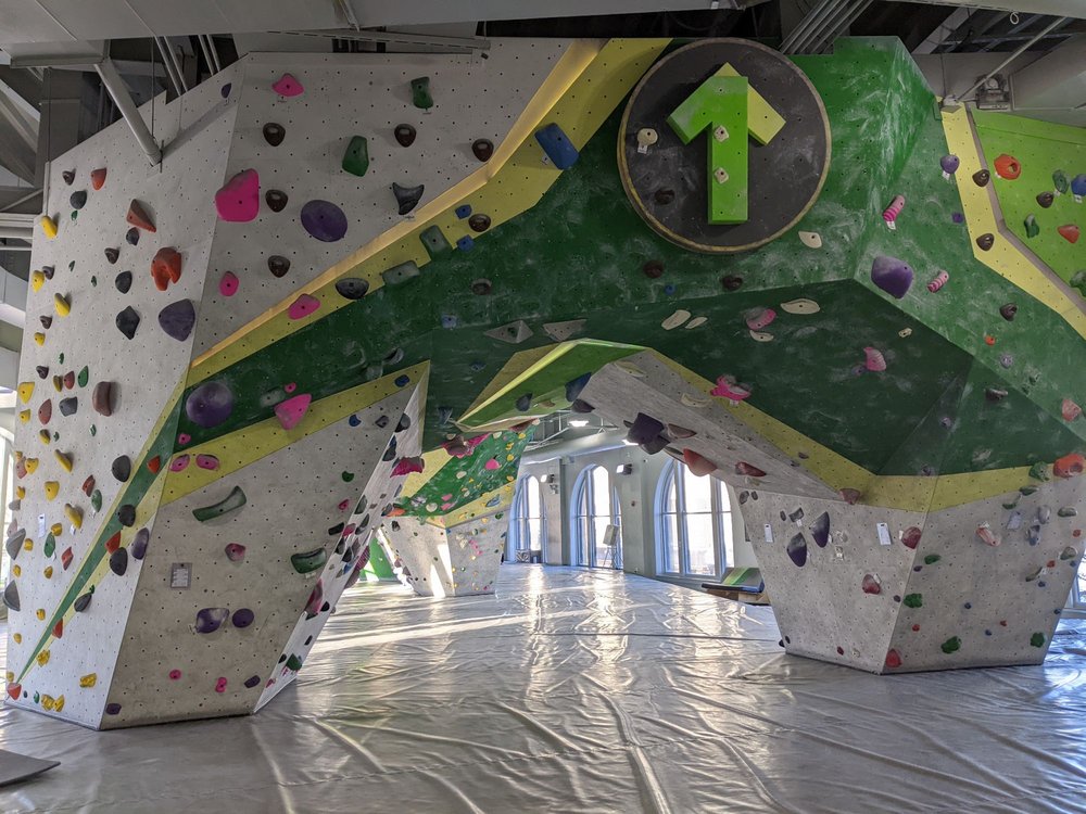 The inside of First Ascent, a rock climbing and bouldering gym in uptown Chicago