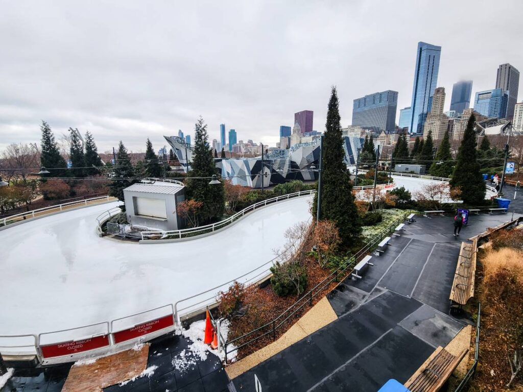 Looking down at the Maggie Daley Ice Skating Ribbon in Chicago