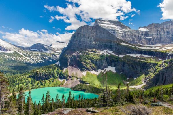 Grinnell Lake and Glacier, as seen from a hiking trail